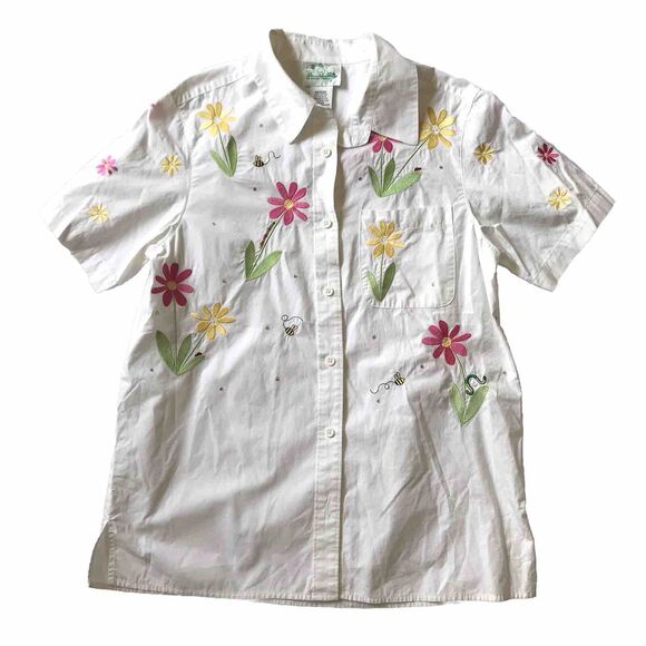 VTG Quacker Factory M Medium S/S Pocket Embroidered Floral Bee Sequins Shirt EUC - Picture 1 of 7